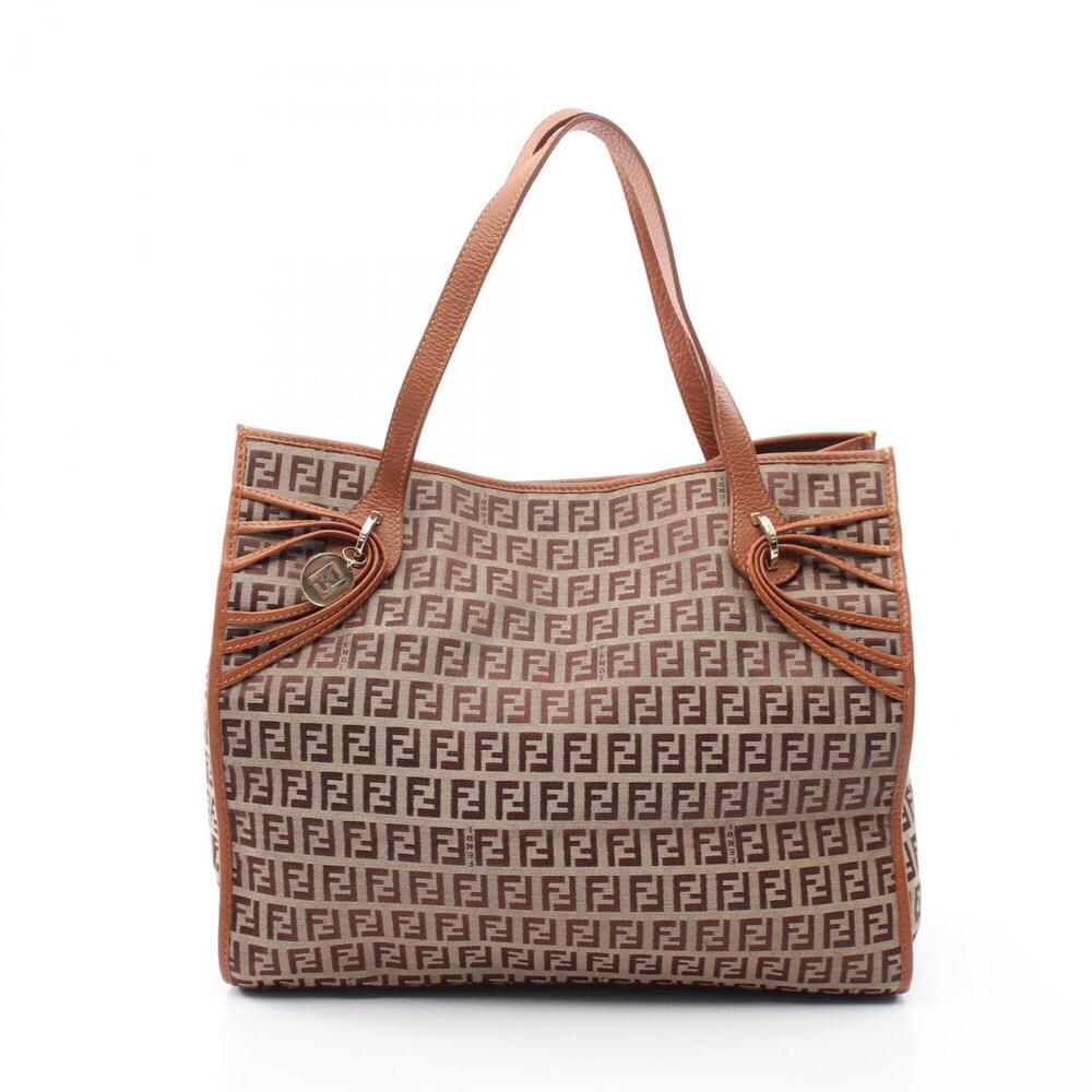 Fendi Zucchino Tote Bag Handbag, Canvas and Leather, Women's, Beige/Brown, 8B...